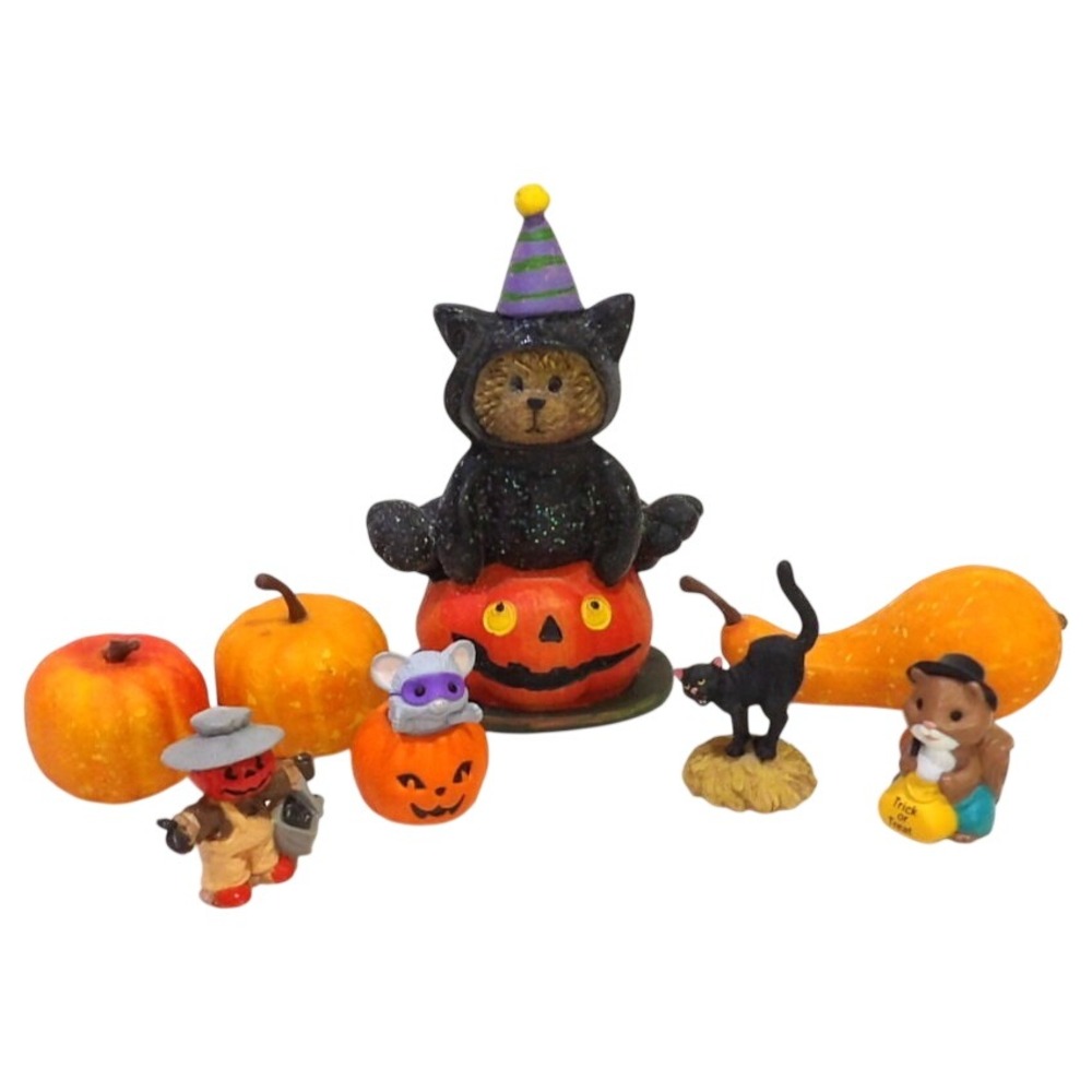 Vintage Style Halloween Resin Figurine Lot Bear Cat Pumpkin Scarecrow 8pc Decor